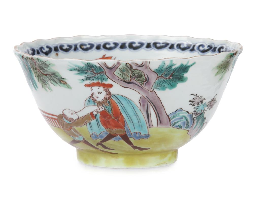 A large Japanese arita bowl with a depiction of Dutchmen
