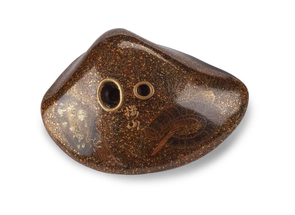 A large and highly refined lacquer netsuke of a clam signed Ozan