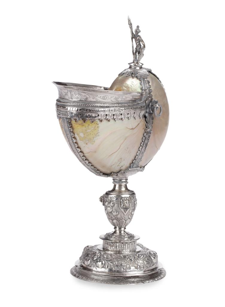 A Dutch 'historismus' silver mounted Nautilus cup