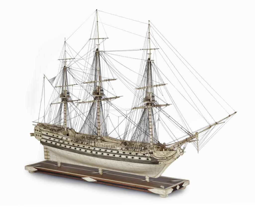A uniquely large Napoleonic Prisoner-of-War bone ship model of the H.M.S. Unicorn