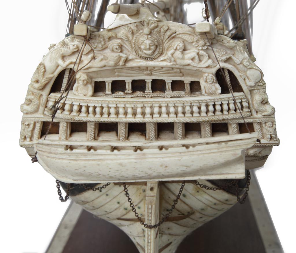 A uniquely large Napoleonic Prisoner-of-War bone ship model of the H.M.S. Unicorn
