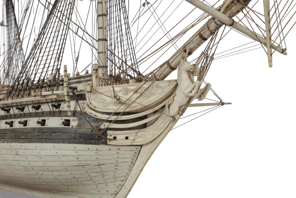 A uniquely large Napoleonic Prisoner-of-War bone ship model of the H.M.S. Unicorn