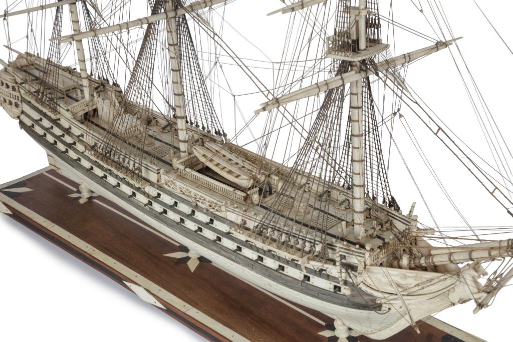 A uniquely large Napoleonic Prisoner-of-War bone ship model of the H.M.S. Unicorn