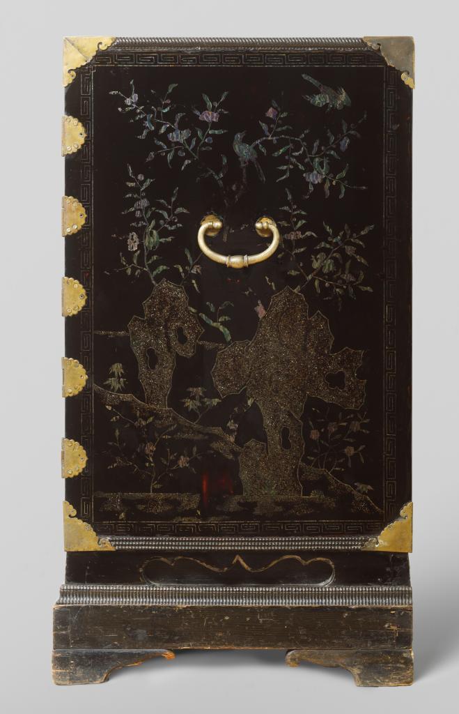 A Chinese mother-of-pearl and silver inlaid lacquered cabinet with depictions of Dutchmen
