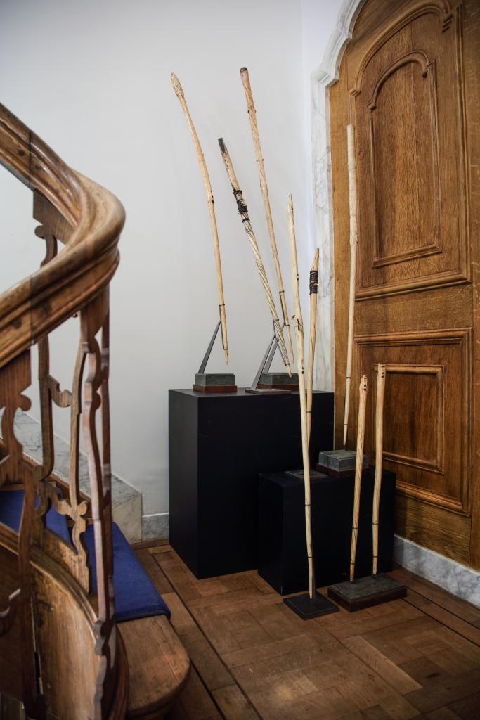 A collection of narwhal tusk Inuit hunting harpoons