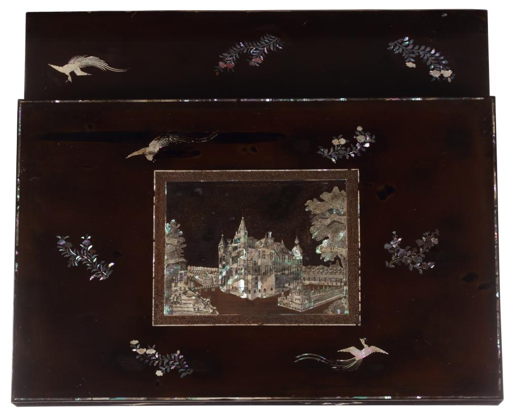 A pair of Japanese export lacquer document boxes with views of Slot Zuylen and the village Zuylen