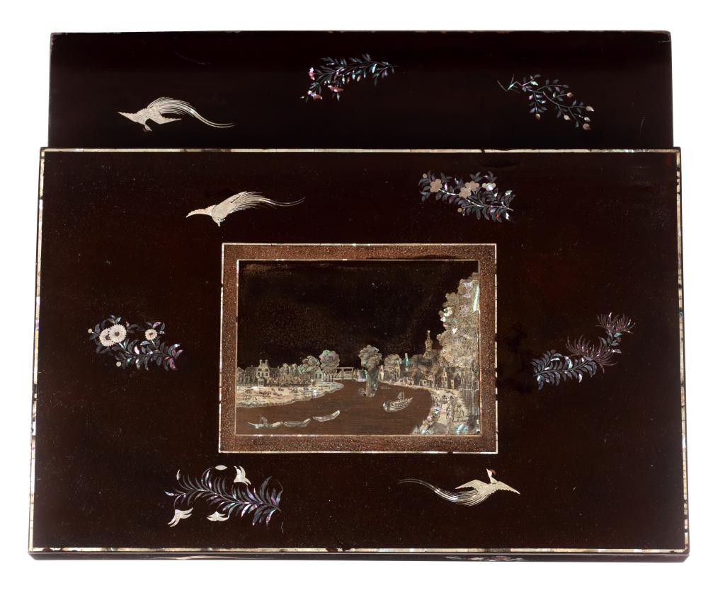 A pair of Japanese export lacquer document boxes with views of Slot Zuylen and the village Zuylen