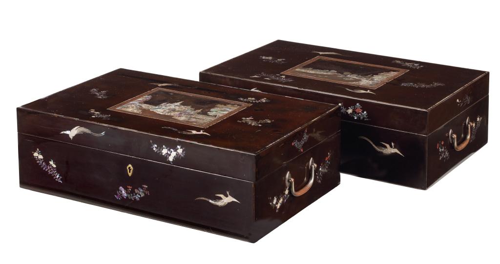 A pair of Japanese export lacquer document boxes with views of Slot Zuylen and the village Zuylen
