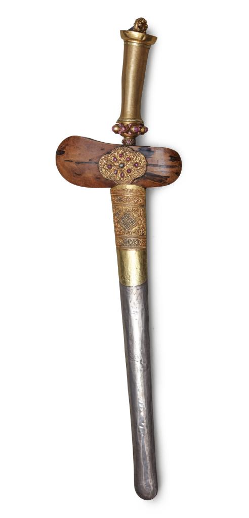 A Balinese kris with gold and silver mounts decorated with ruby cabochons