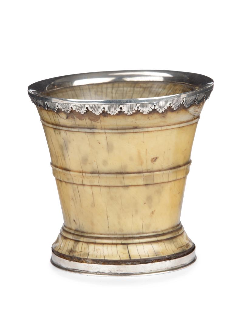 An Indian turned ivory mortar with silver mounts
