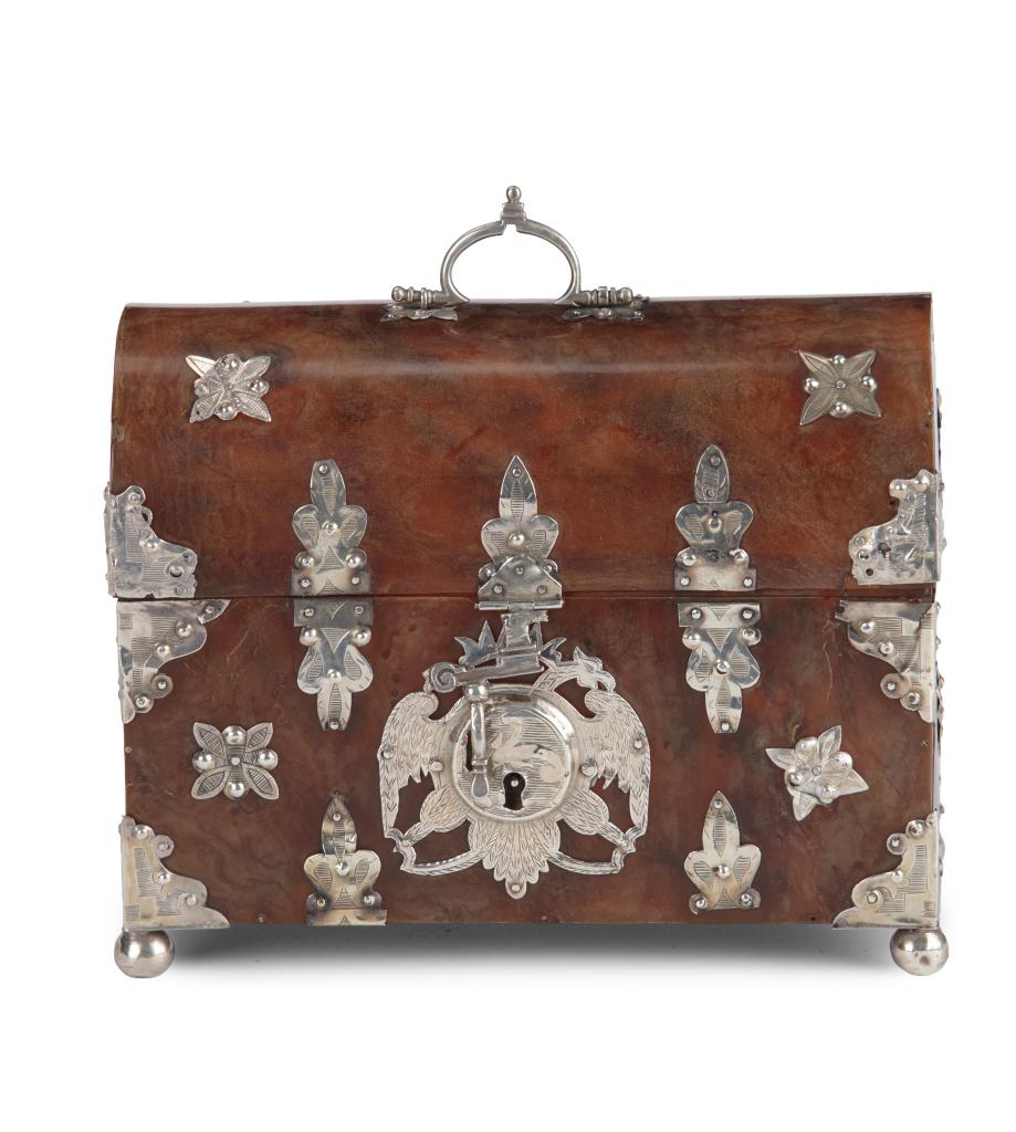 A Spanish-colonial tortoiseshell casket with silver mounts