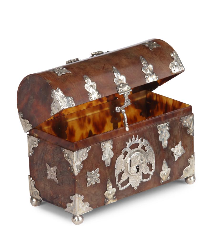 A Spanish-colonial tortoiseshell casket with silver mounts