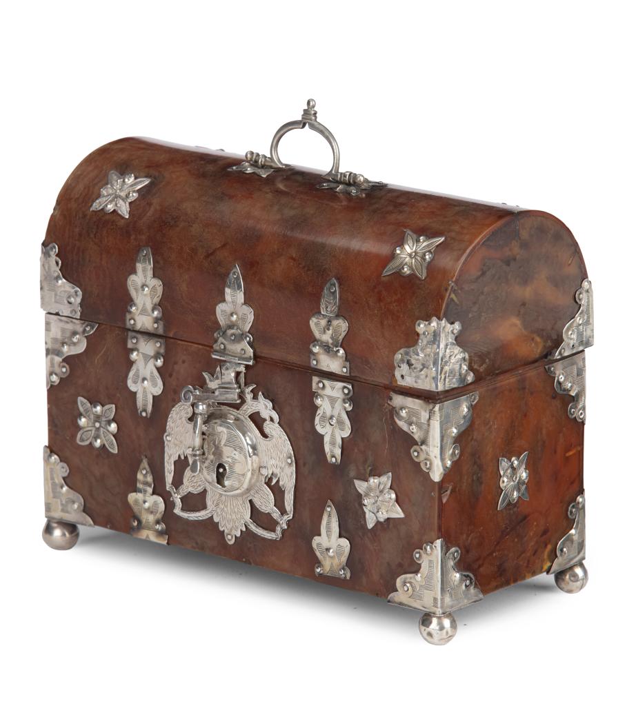A Spanish-colonial tortoiseshell casket with silver mounts