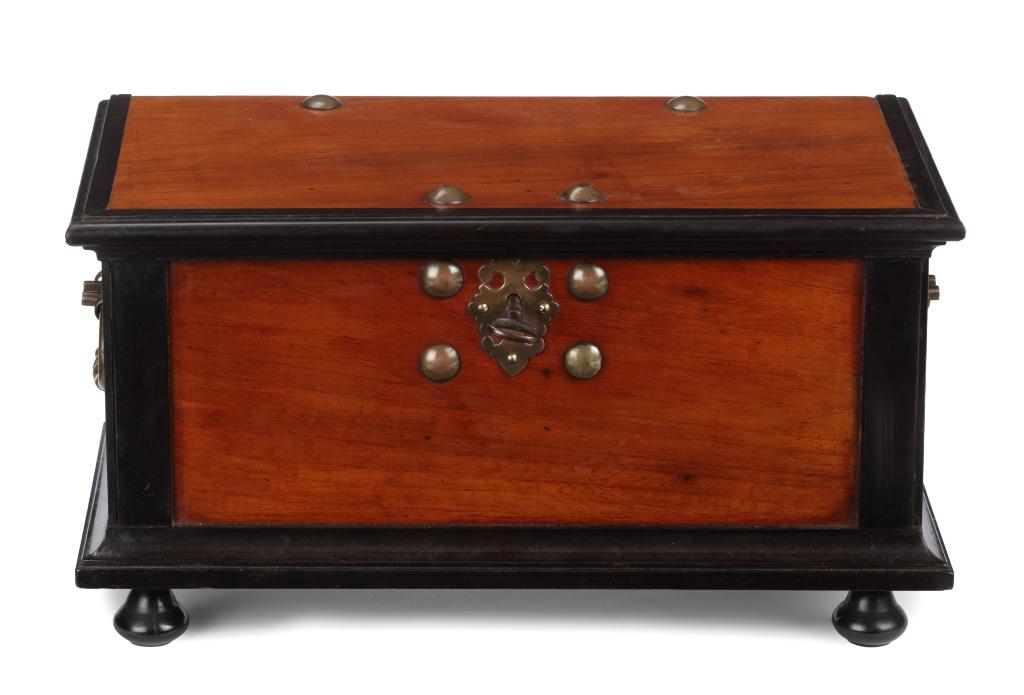 A Dutch-Colonial amboyna and ebony wood miniature ship's chest with brass mounts