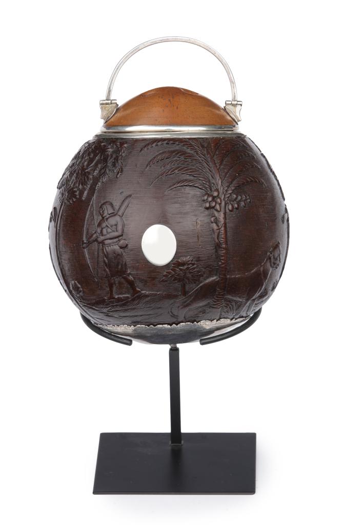 A silver-mounted coconut cup carved with depictions of Dutch-Brazil