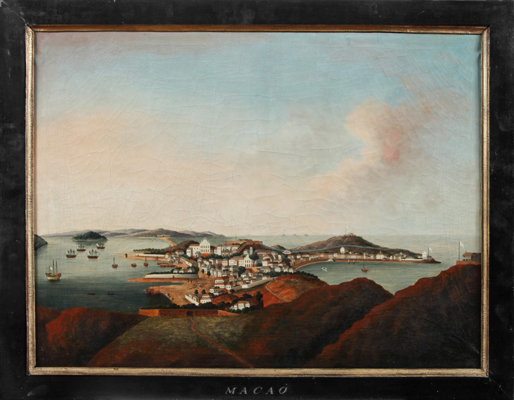 A pair of Chinese export oil-paintings depicting Macoa and Boca Tigris