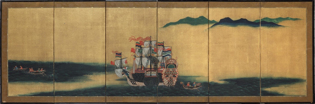 A rare and fine Japanese six-fold gold-leaf screen with the depiction of Commodore Matthew Perry’s flag ship the USS Mississippi