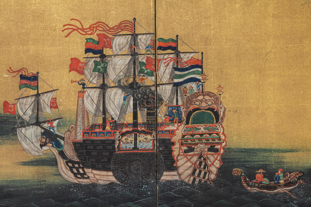 A rare and fine Japanese six-fold gold-leaf screen with the depiction of Commodore Matthew Perry’s flag ship the USS Mississippi