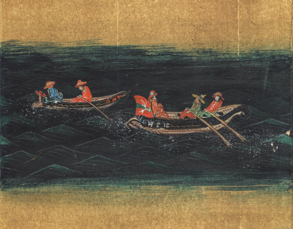 A rare and fine Japanese six-fold gold-leaf screen with the depiction of Commodore Matthew Perry’s flag ship the USS Mississippi