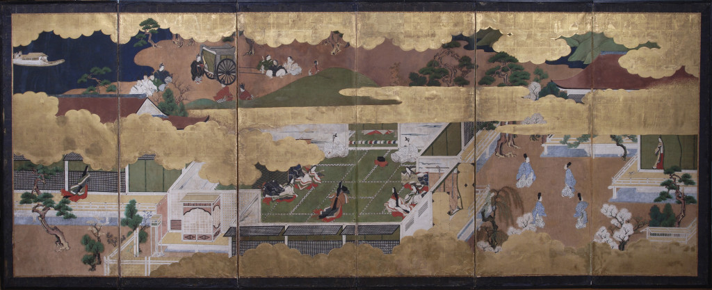 An important Japanese six-fold screen, depicting episodes from The Tale of The Genji