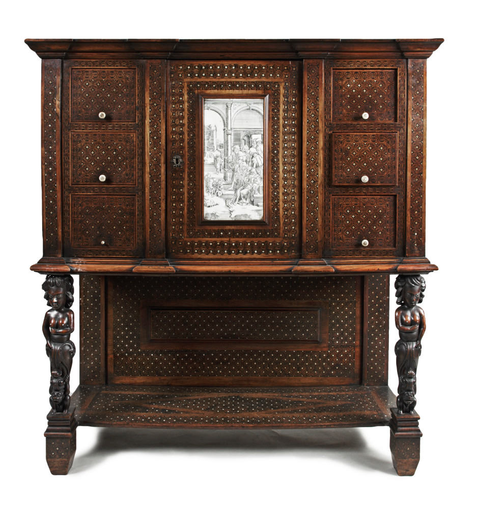 An extremely rare ebony and ivory-inlaid Indo-Portuguese Contador with European subject decoration