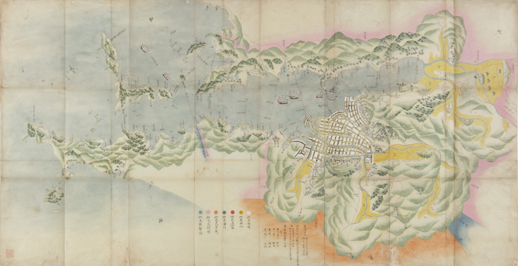 An extraordinarily detailed Japanese hand-painted manuscript plan map of Nagasaki, with the Dutch tradepost on the Island of Deshima and the Chinese tradepost Tojin in the harbour