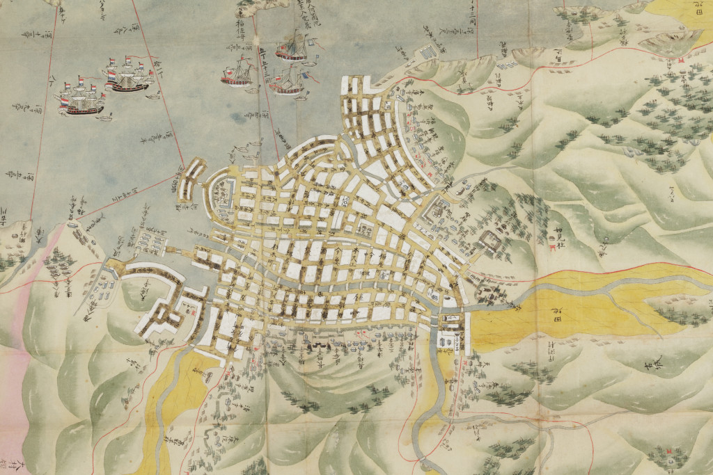 An extraordinarily detailed Japanese hand-painted manuscript plan map of Nagasaki, with the Dutch tradepost on the Island of Deshima and the Chinese tradepost Tojin in the harbour