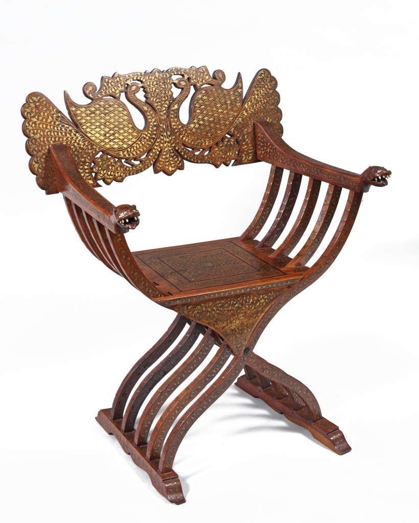 A North-Indian Hoshiapur brass-inlaid shisham wood folding chair