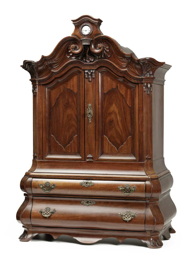 A Chinese export huanghuali, ebony and oak miniature cabinet/watch stand for the Dutch market