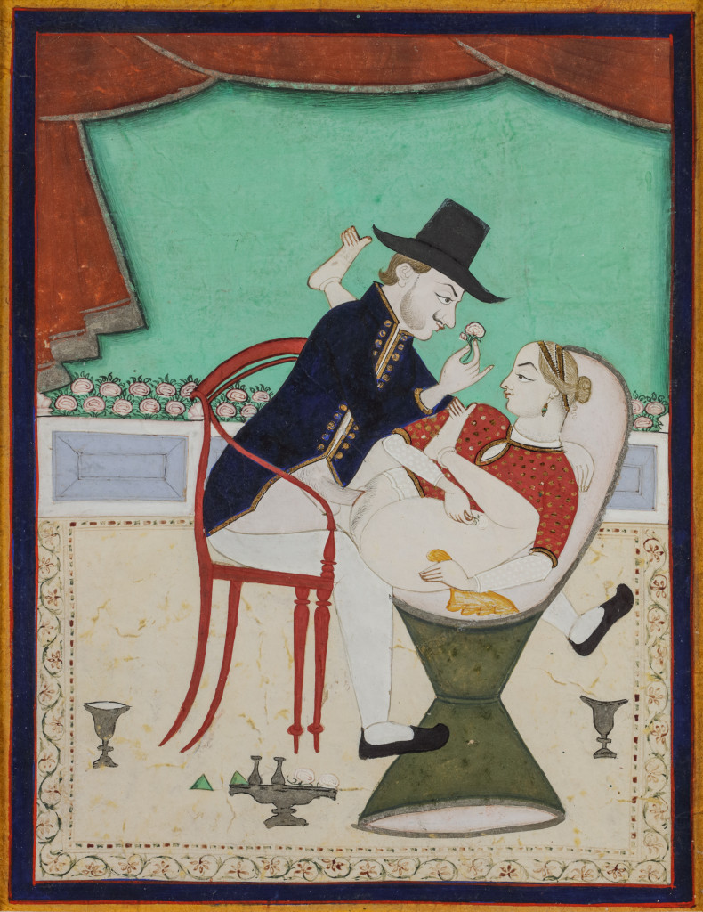 An Indian miniature painting depicting a European couple in a love scene