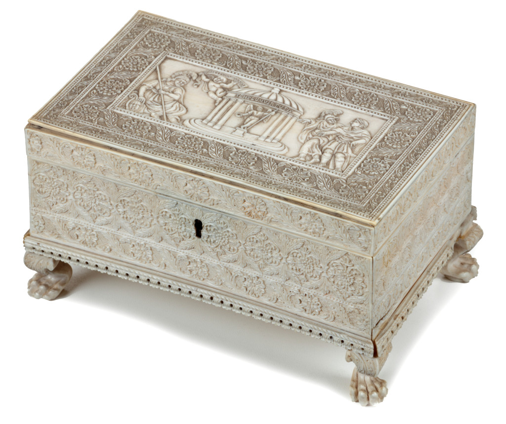 An Indian ivory casket with carvings after European prints