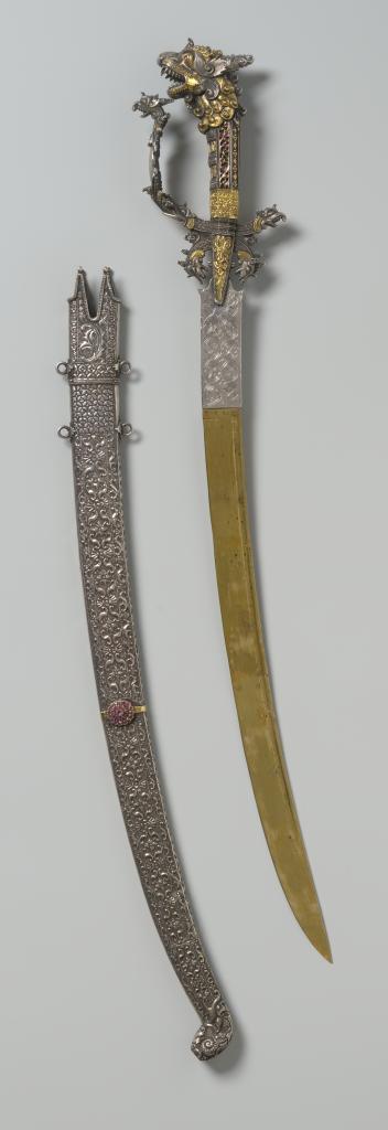 A superb Singhalese ruby-set gold,parcel-gilt silver and silver kasthane