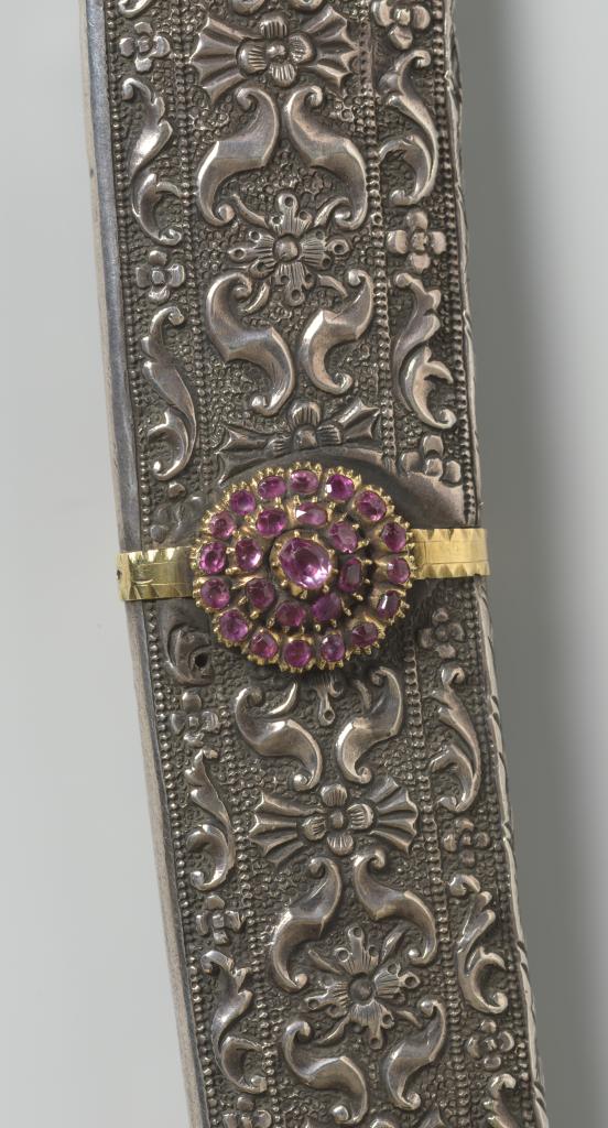 A superb Singhalese ruby-set gold,parcel-gilt silver and silver kasthane