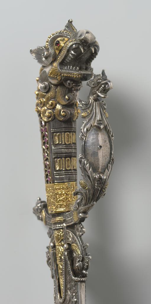 A superb Singhalese ruby-set gold,parcel-gilt silver and silver kasthane